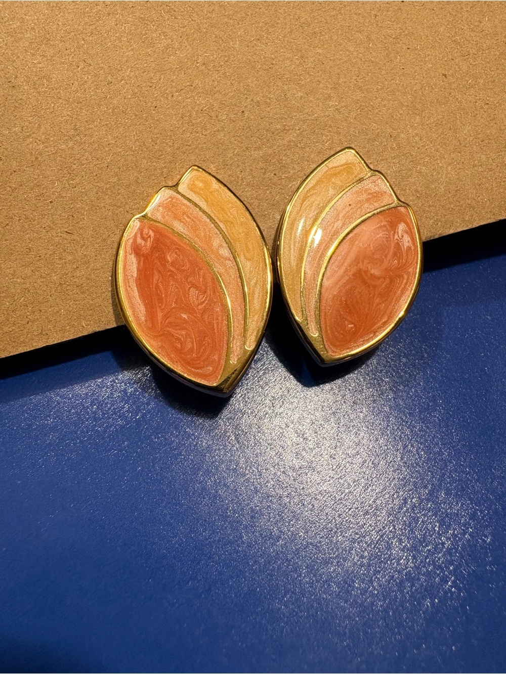 Gold-Tone Peach Enamel Leaf Stud Earrings